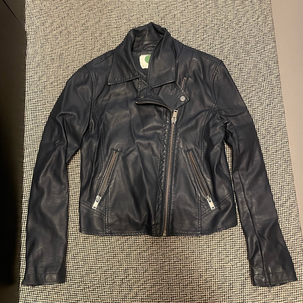 Anthropologie Women's Navy Blue Faux Leather Biker Jacket